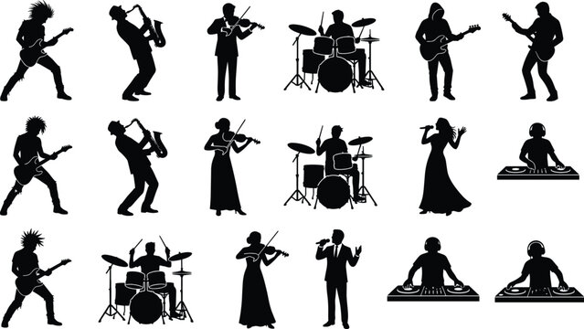 WebBlack silhouettes of musicians, singers, and DJs performing live on stage isolated on white background