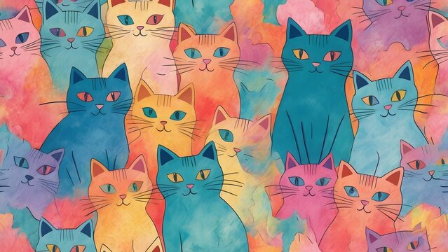 Vibrant Colorful Cats Seamless Pattern Illustration. Artistic Feline Wallpaper with Watercolor Texture for Playful Backgrounds.