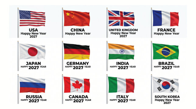 Waving country flags with country names and happy new year 2027 text united kingdom south korea countries celebration greeting illustration international identity collection