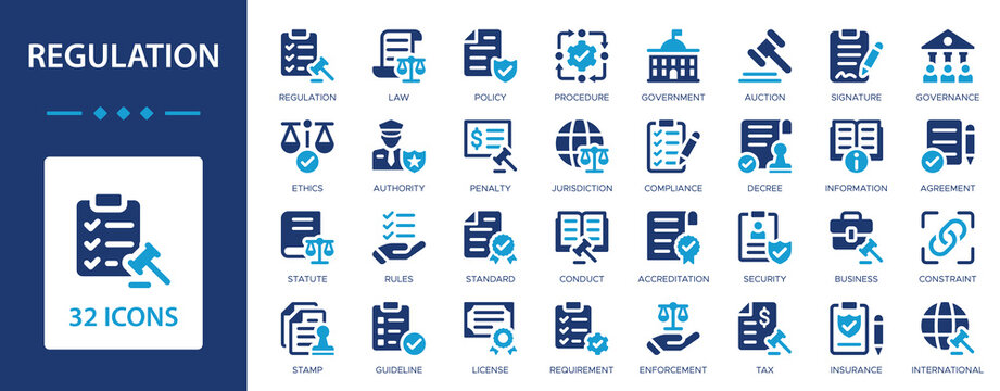 Regulation flat icons collection. Law, policy, government, compliance, rules, standard, agreement, justice sign set.