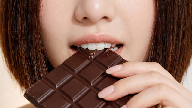 Beautiful bob-haired woman enjoying a bite of rich dark chocolate, bare hands visible, skincare