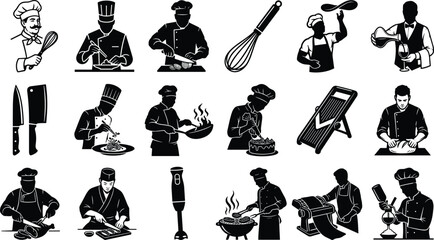 Obraz premium WebProfessional chef and restaurant icons set featuring culinary staff preparing food and cooking tools isolated on white background