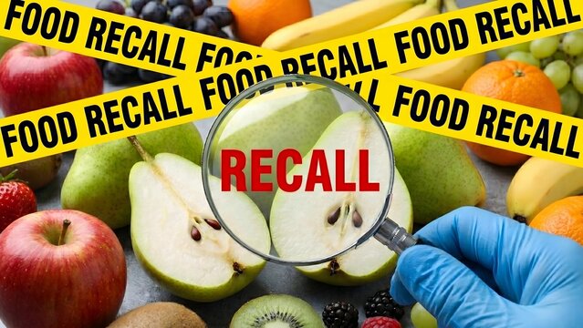 Food Recall Alert Concept with Fresh Fruits and Inspection Magnifying Glass