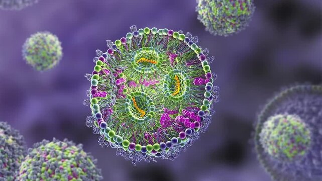 Lipid nanoparticle mRNA vaccine used against Covid-19 and influenza. 3D animation showing cross-section of lipid nanoparticle carrying mRNA of the virus (orange)