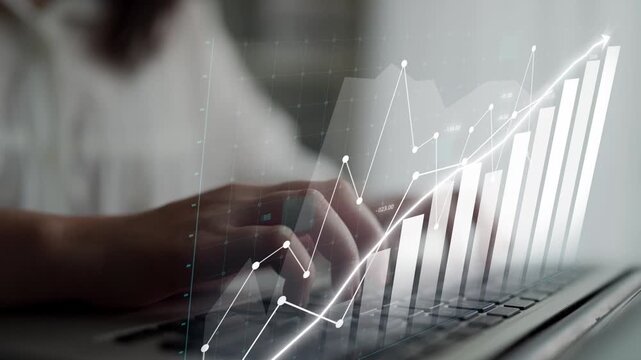A close-up view of hands typing on a laptop, with an overlay of graphical data analysis depicting growth trends and digital transformation in a business context. Copula
