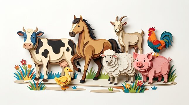Colorful Cartoon Farm Animals Gathering Together in Whimsical Spring Meadow Illustration