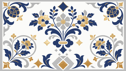 Elegant floral and scroll pattern in blue, gold, and grey on a white background, featuring symmetrical ornamental motifs. © Arji