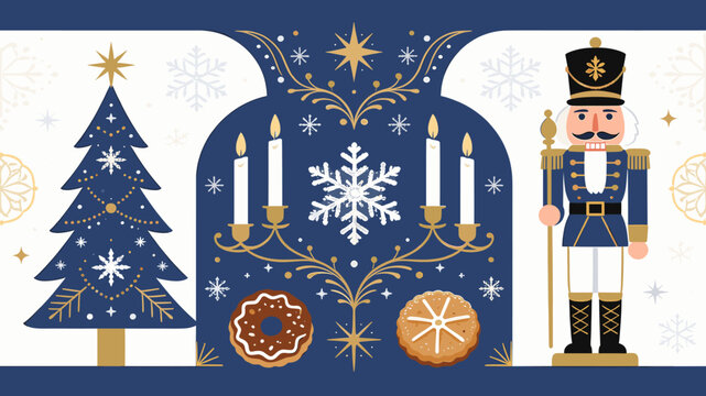 A festive blue and gold Christmas illustration featuring a decorated tree, a nutcracker soldier, a candelabra with candles, snowflakes, and holiday treats.