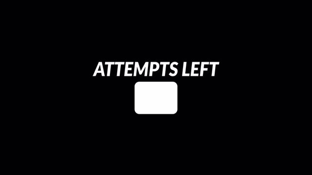 Attempts Left countdown text animation on transparent background for login tries, access limit warning, security notice overlay , animated 5 4 3 2 1 0 counting down Attempt Left text animation in 4K