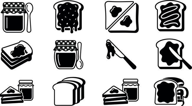 Collection of breakfast food icons featuring toast with jam jars spreading knives and bread slices isolated on white background for kitchen restaurant design vector illustration