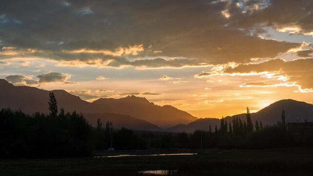 Time lapse of sunset over the mountains at Ladakh