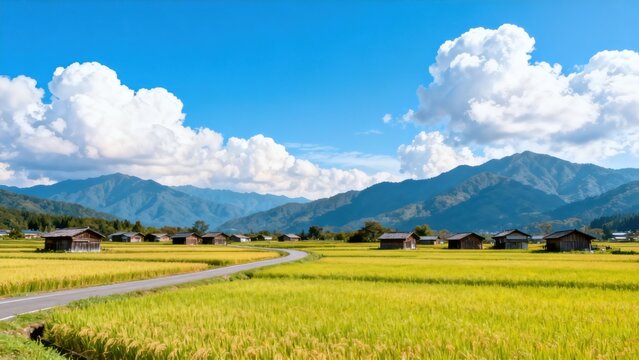 Rural landscape with fields and mountains