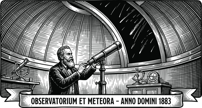 Astronomer With Telescope In Observatory Engraved Illustration Style