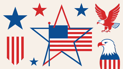 Obraz premium Collection of patriotic American symbols including stars, stripes, and bald eagles, representing the USA.