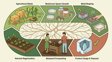 Obraz premium Circular economy infographic showing mycelium packaging lifecycle from agricultural waste to compost. EPS Editable