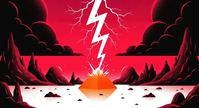 Dramatic red landscape with lightning striking a mountain peak