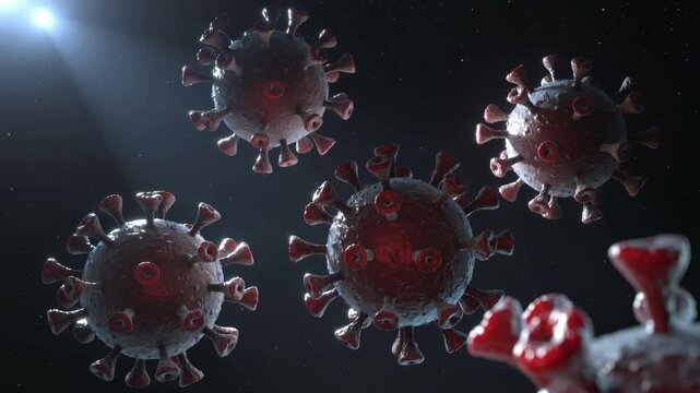 Four virus particles with spike proteins floating in a dark space. The scene highlights the structure of the virus, emphasizing its spherical shape and surface features.