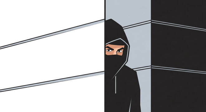 A mysterious figure in a black hooded cloak peeks from behind a wall.