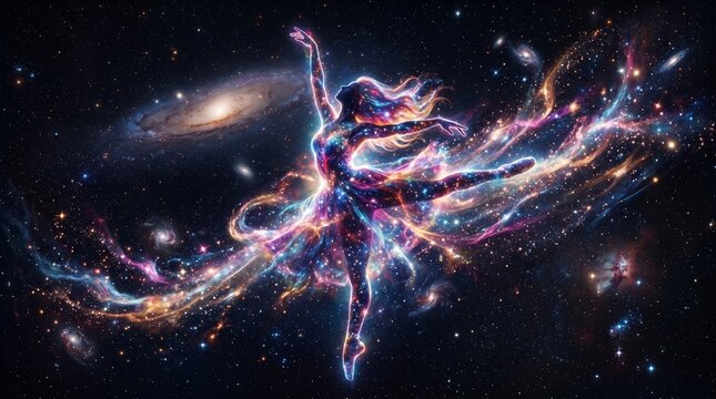 Cosmic Ballerina Dancing in Deep Space, Celestial Dancer Made of Stars and Nebulae, Fantasy Digital Art