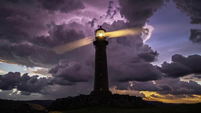 A tall lighthouse stands against a dramatic sky filled with dark clouds and rays of light. The scene captures a sense of guidance and safety at sea.