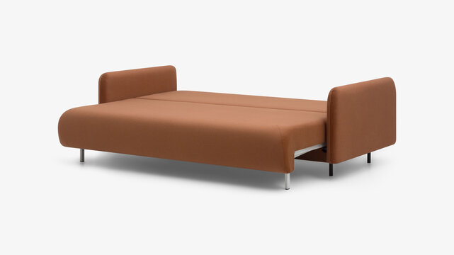 Modern minimalist brown fabric sofa bed in flat position isolated on white