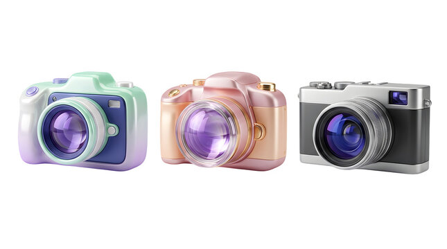 Three different digital cameras in pastel pink purple and classic silver colors
