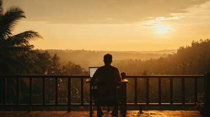 Obraz premium Man working on laptop on tropical balcony overlooking jungle at golden sunset.