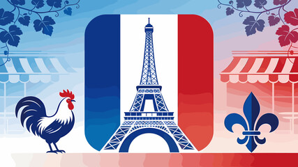 Vibrant illustration showcasing iconic French symbols including the Eiffel Tower, flag, rooster, and fleur-de-lis, set against a backdrop of market awnings and grapevines. © Ngelus
