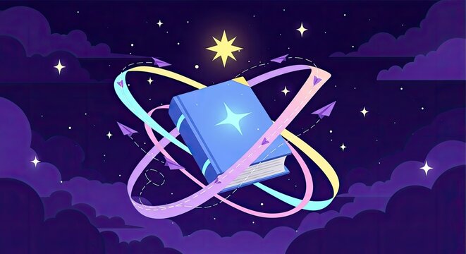 Enchanted glowing magic book with celestial orbits and stars.