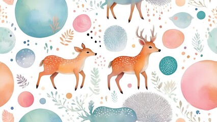 Obraz premium Whimsical watercolor seamless pattern with deer and fawns amidst pastel abstract shapes and delicate botanical elements on white.