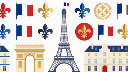 Collection of iconic French symbols and landmarks including the Eiffel Tower, Arc de Triomphe, flags, and fleur-de-lis. © Ngelus