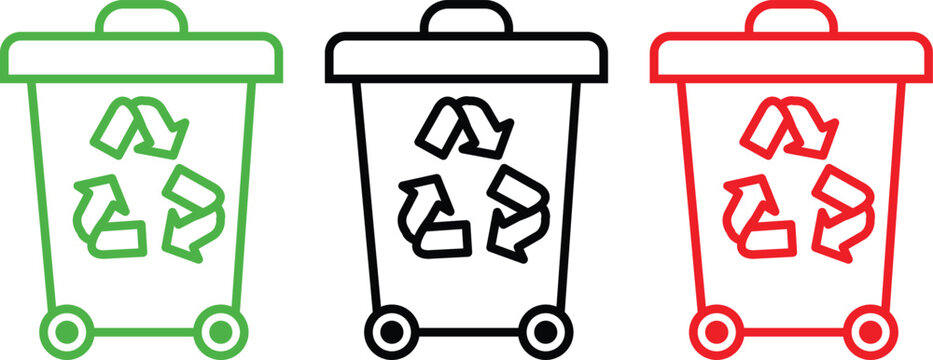 Set of three recycling bins in green, black, and red colors, vector illustration vector illustration