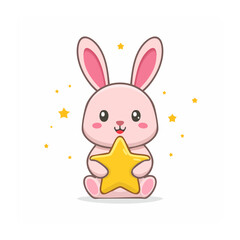 Fototapeta premium Cute pink cartoon bunny holding a yellow star