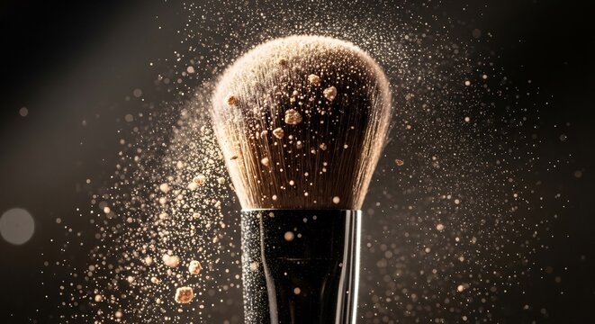 Makeup brush with powder particles exploding around it on dark background