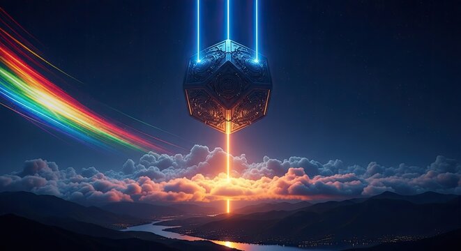 Floating alien artifact above a mountain valley at dusk.