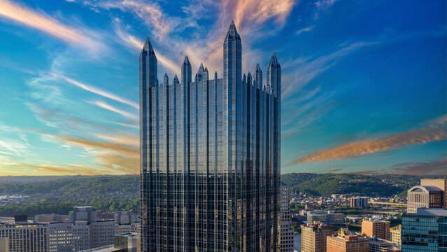 Aerial shot of Skyscrapers and office buildings in the skyline in Pittsburgh Pennsylvania USA