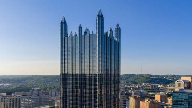 Aerial shot of Skyscrapers and office buildings in the skyline in Pittsburgh Pennsylvania USA