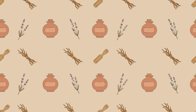 Glass jars and lavender flower bunches seamless pattern on light beige background.