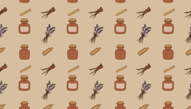 Glass jars and lavender flower bunches seamless pattern on warm beige background.