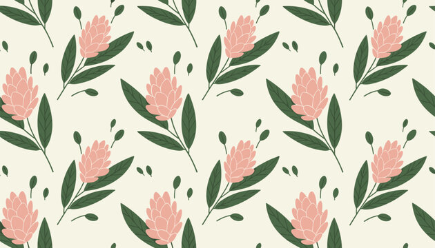 Seamless floral pattern featuring pink flower buds and leaves on cream background.