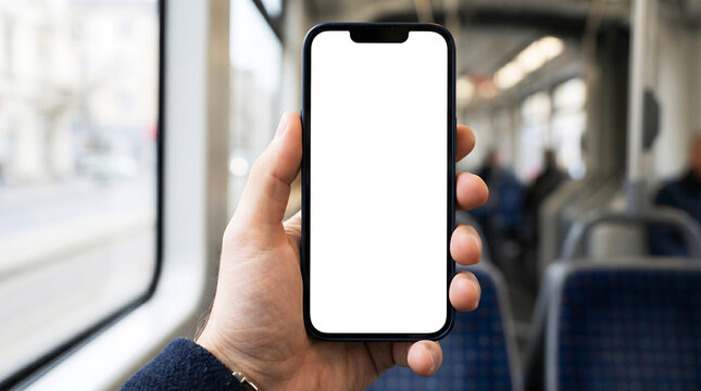 Hand holding mobile phone with blank white screen mockup in public transport, passenger browsing digital app for travel or navigation during daily commute concept. 8k. AI
