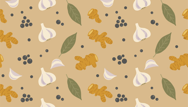 Seamless pattern of roots, garlic bulbs, bay leaves, and black peppercorns on light brown background.