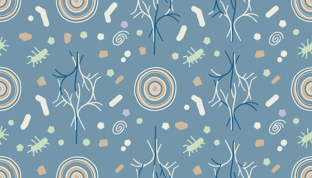 Seamless pattern of circular walnut halves, shell fragments, roots, and dots on slate background.
