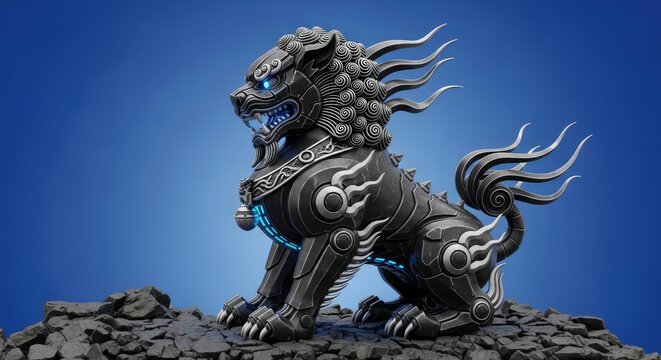 Futuristic black robotic foo dog statue on jagged rocks.