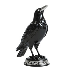 Obraz premium Highly detailed black glossy bird sculpture of a crow or raven with intricate base, realistic feathers and sleek finish, perfect for ornamental decor and art display