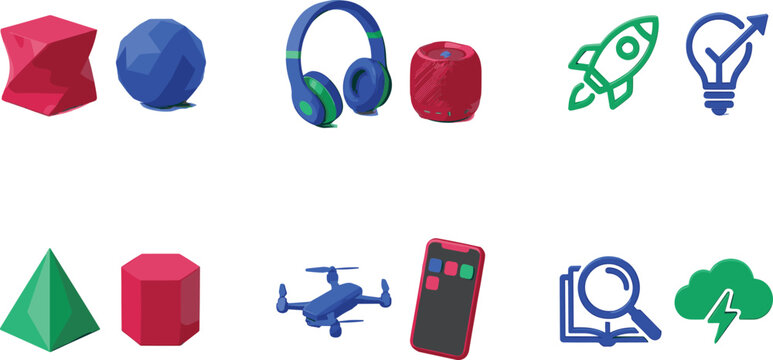 Modern 3D web technology icons and business startup interface vector set with rocket lightbulb headphones drone smartphone and cloud on white background