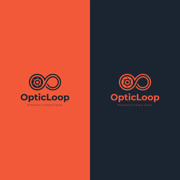 Modern OpticLoop technology logo with infinity camera aperture icon for security and vision