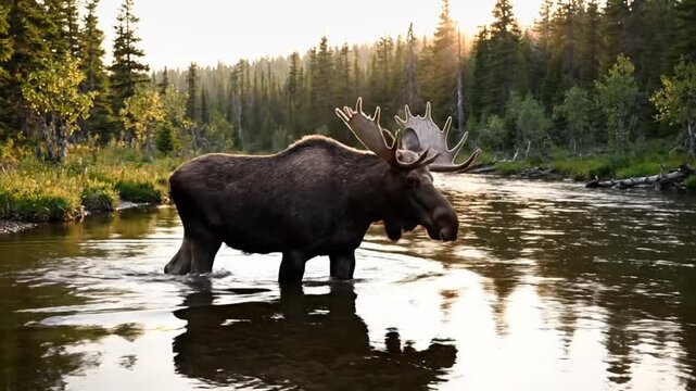 Majestic bull moose with impressive antlers wading in a shimmering river with the sun setting behind the trees in the wilderness