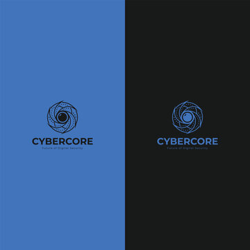 Modern Cybercore security logo with swirling digital iris icon for data protection