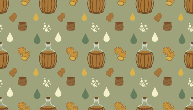 Seamless pattern with roots, wooden barrels, glass bottles, droplets, and bubbles on sage background.